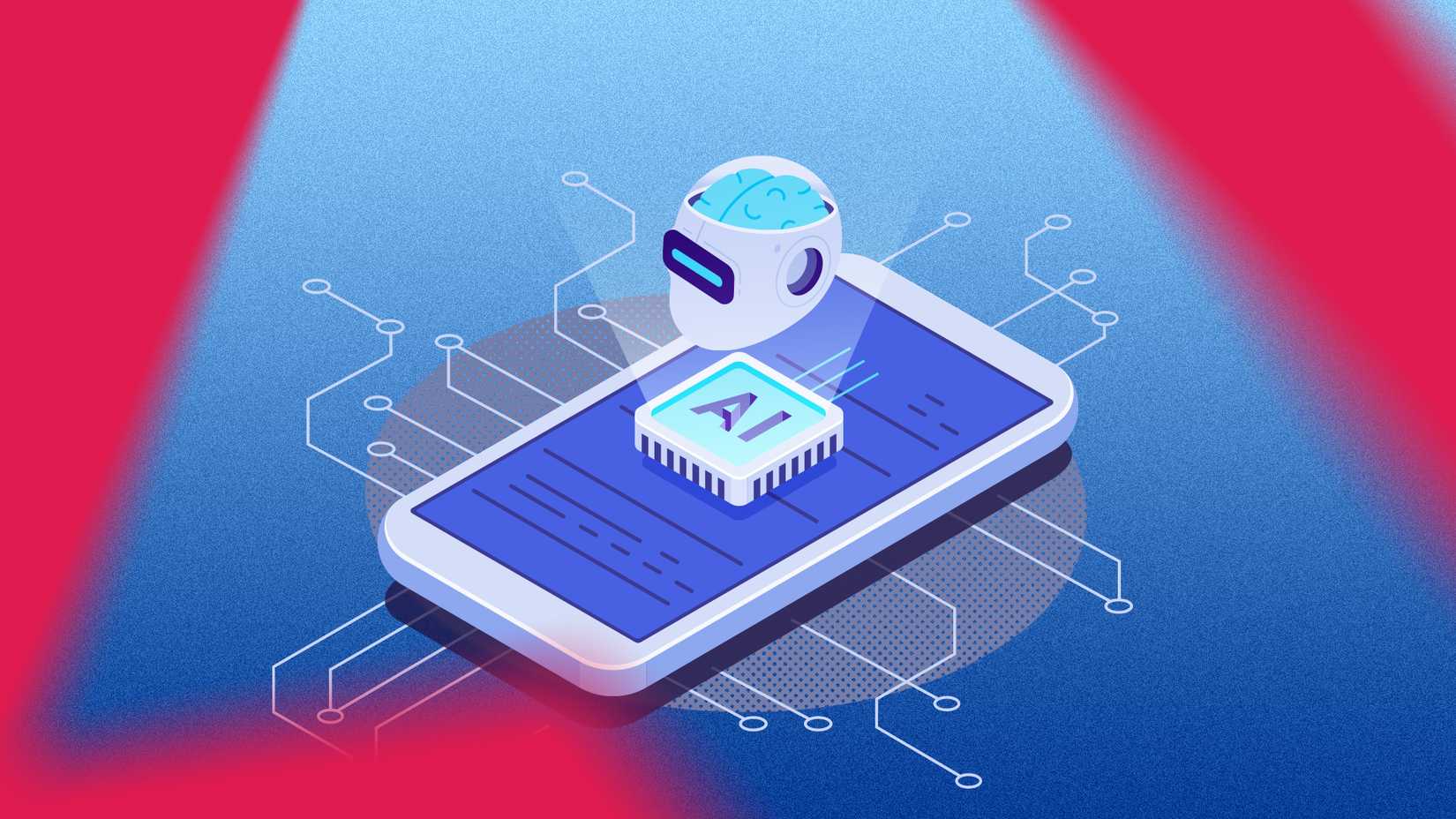 Ilustração de um chip de IA e uma cabeça de robô sobre a tela de um telefone Android