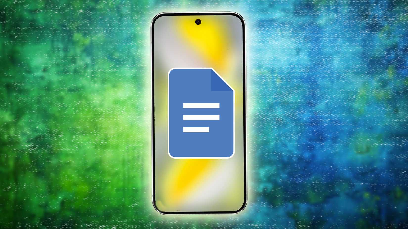 Google Docs logo imprinted on a generic phone pasted on a multi-colored background