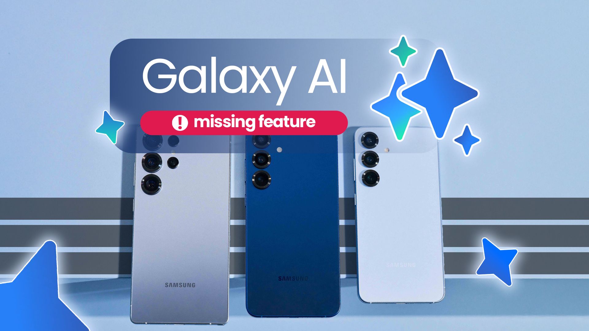 Some Samsung Galaxy devices side by side with the Galaxy AI logo in the center and a 'missing feature' alert.
