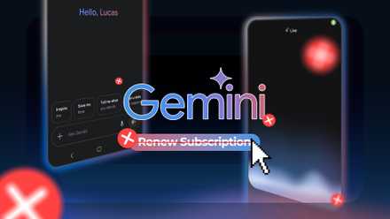 Logotipo da Gemini com um botão 'renovar assinatura' e várias marcas de 'x' ao redor.