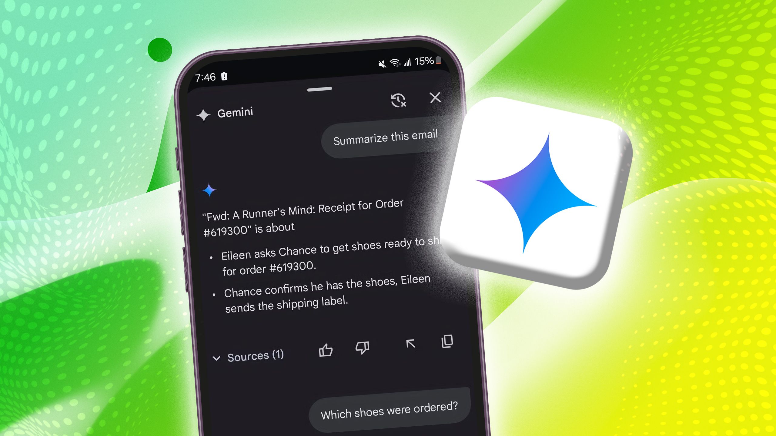 um telefone mostrando um bate-papo com o Google Gemini ao lado do logotipo do Gemini