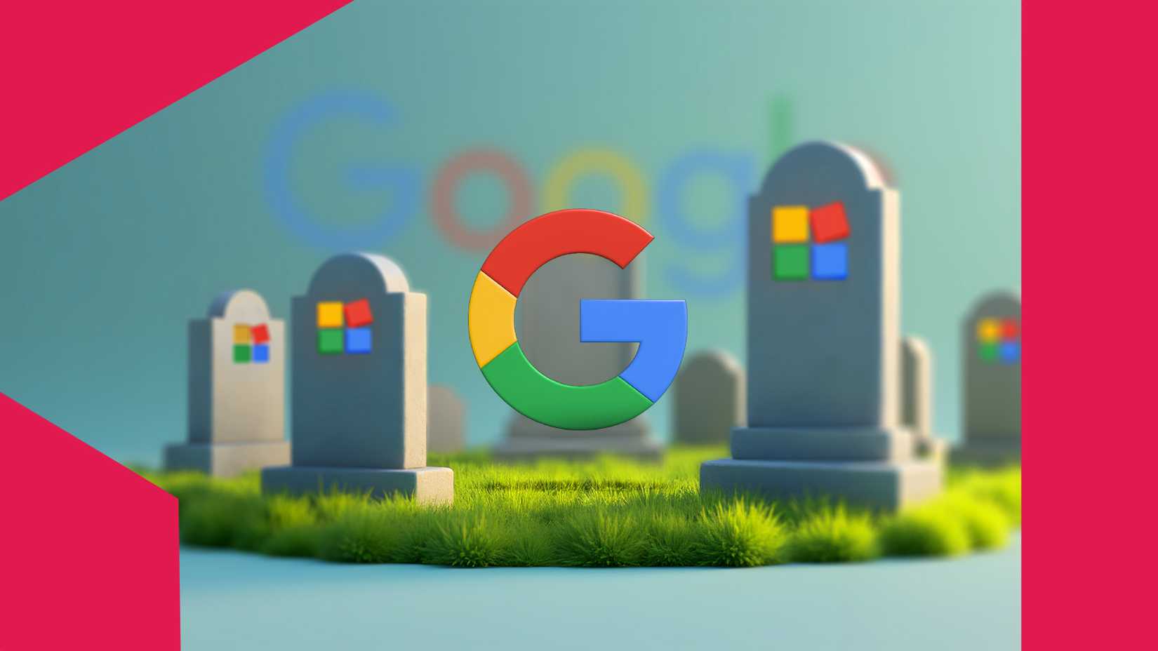 Google app graveyard, with tombstones featuring stylized icons and the Google logo prominently in the center.