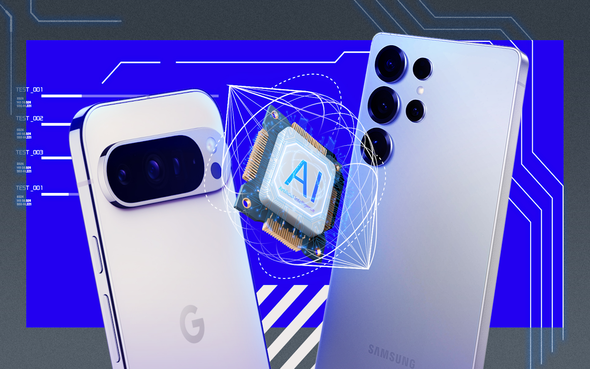 Un Google Pixel accanto a un Samsung Galaxy con un chip AI in mezzo
