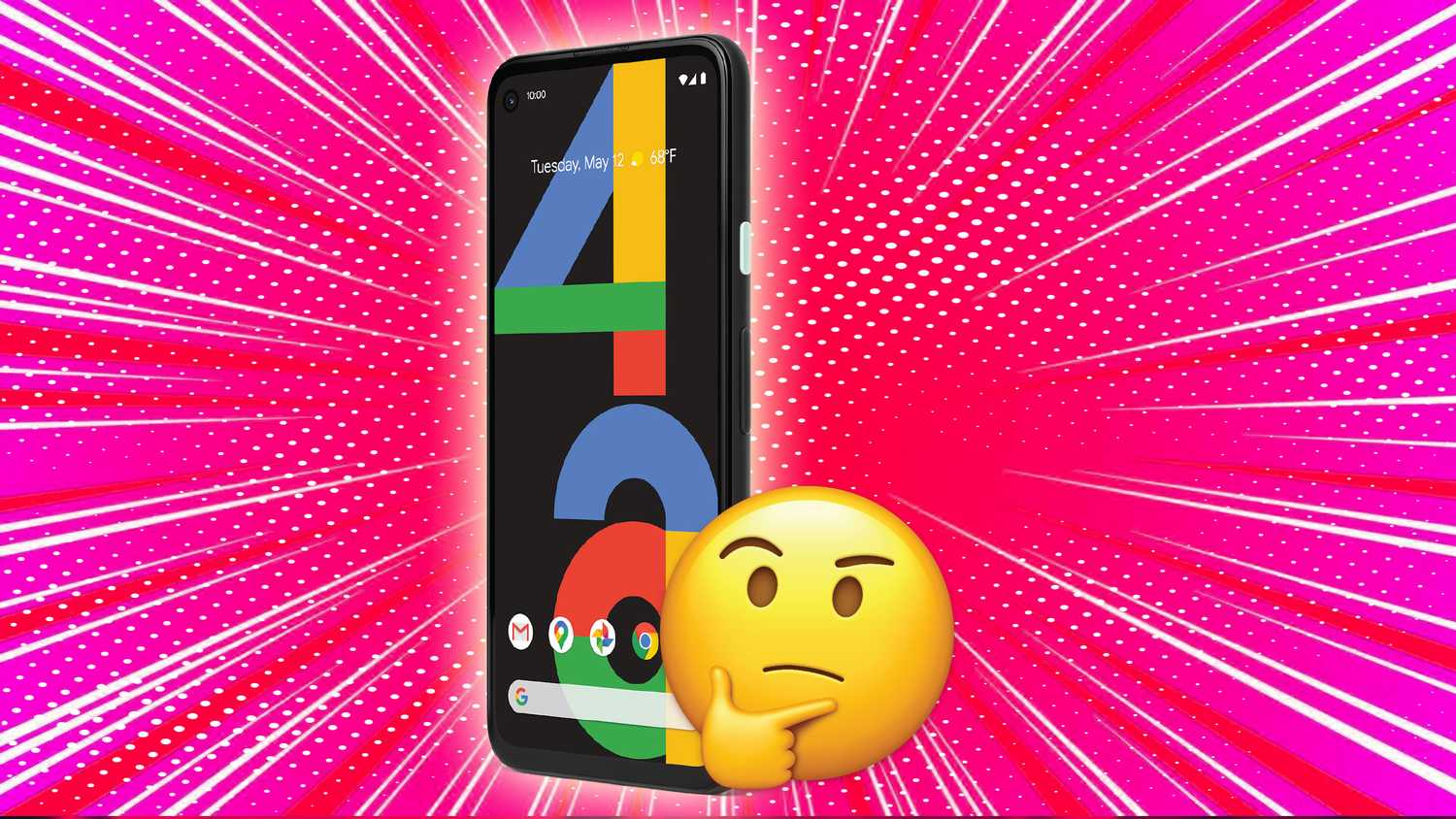 A thinking emoji in front of a Pixel 4a on its home screen.