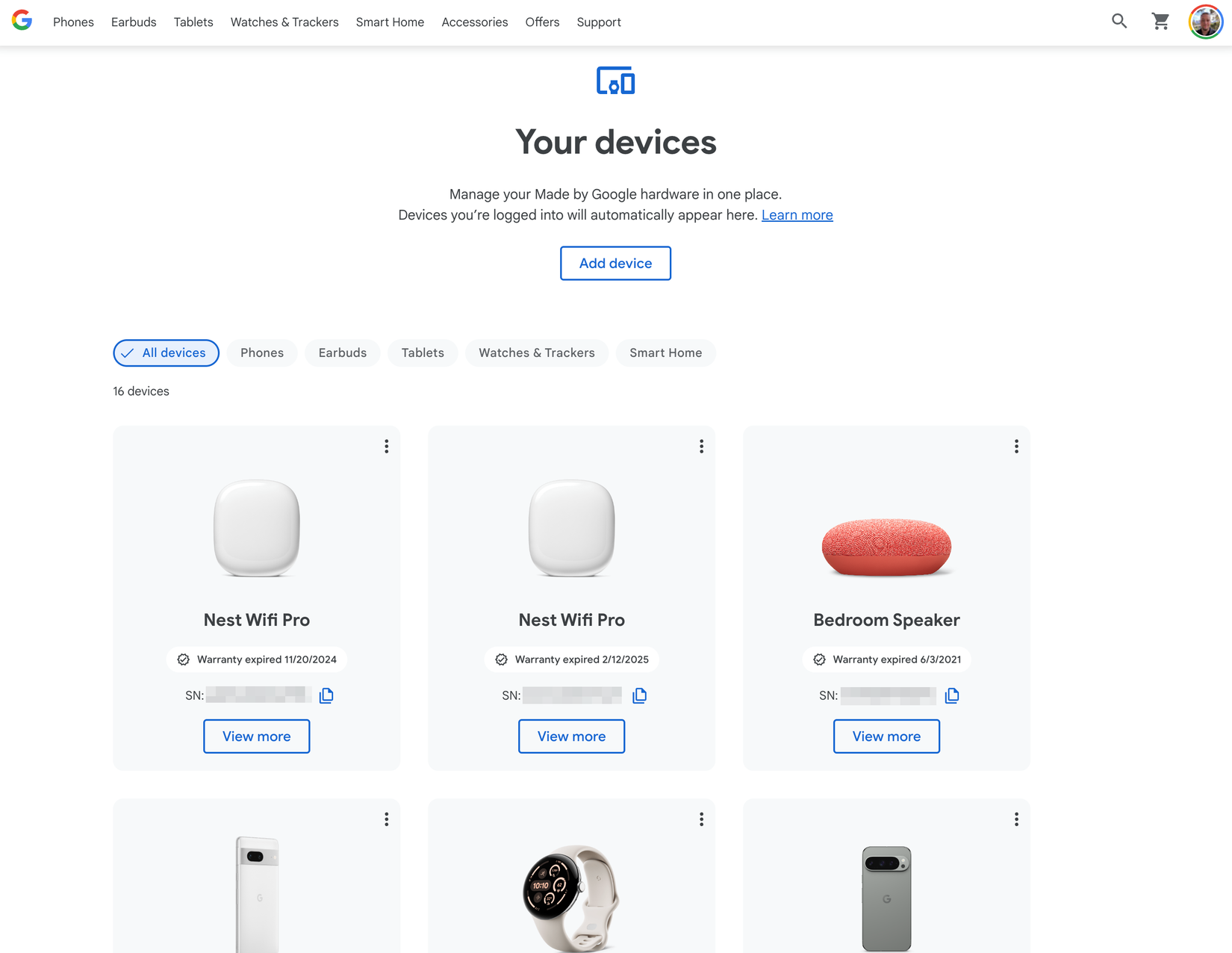 Uma captura de tela da página Seus dispositivos no site da Google Store.