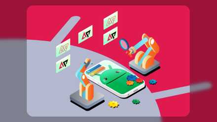 Isometric illustration of an Android smartphone with robotic automation arms beside it. (1)