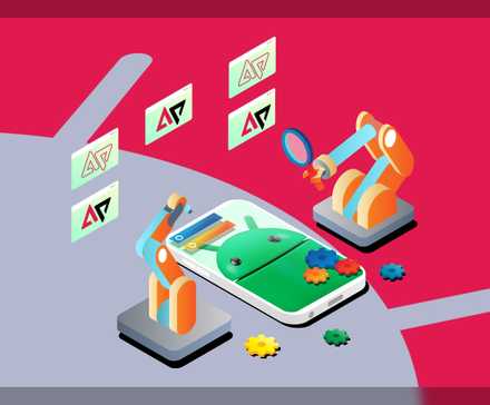 Ilustração isométrica de um smartphone Android com braços de automação robótica ao lado. (1)