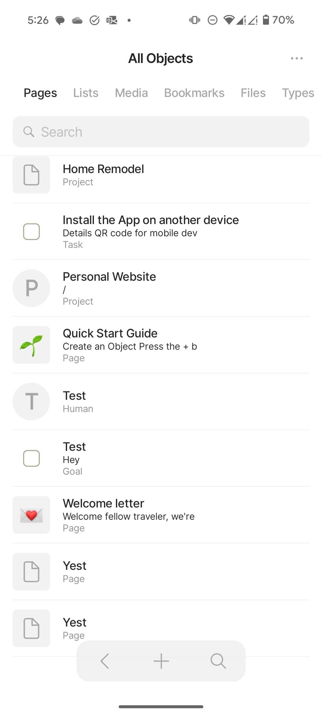Objects list in Anytype