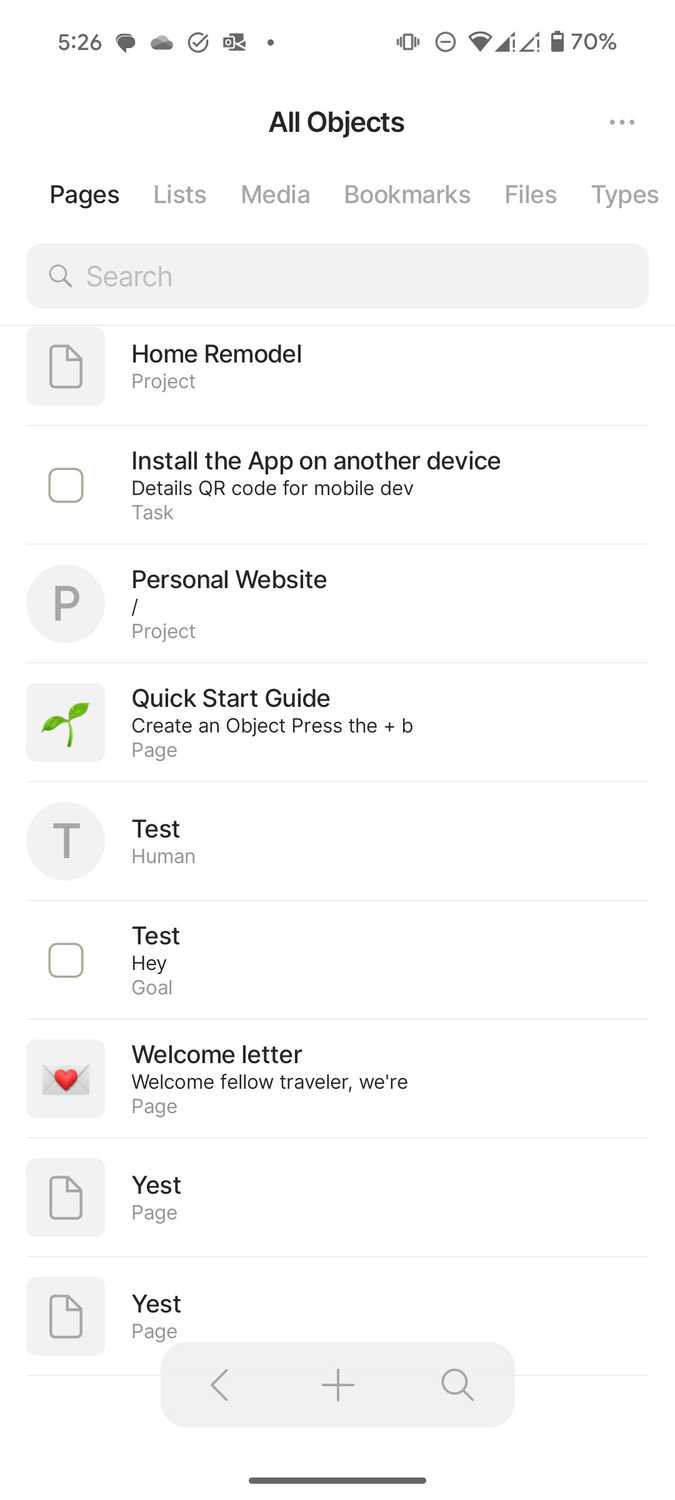 Objects list in Anytype