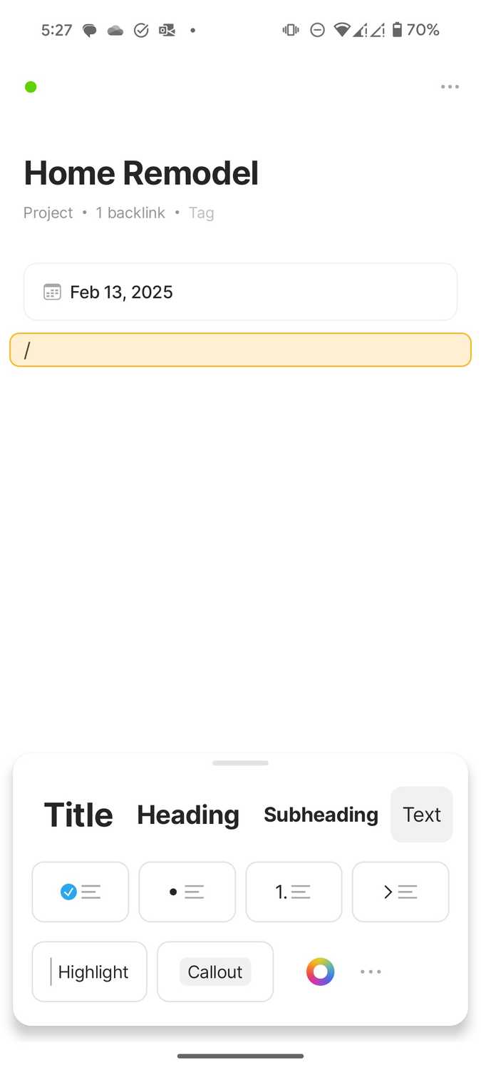 Formatting options in Anytype