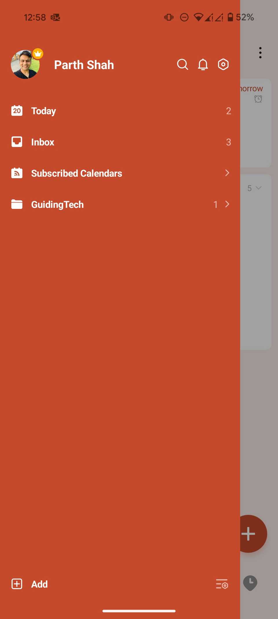 Menu hamburger in TickTick