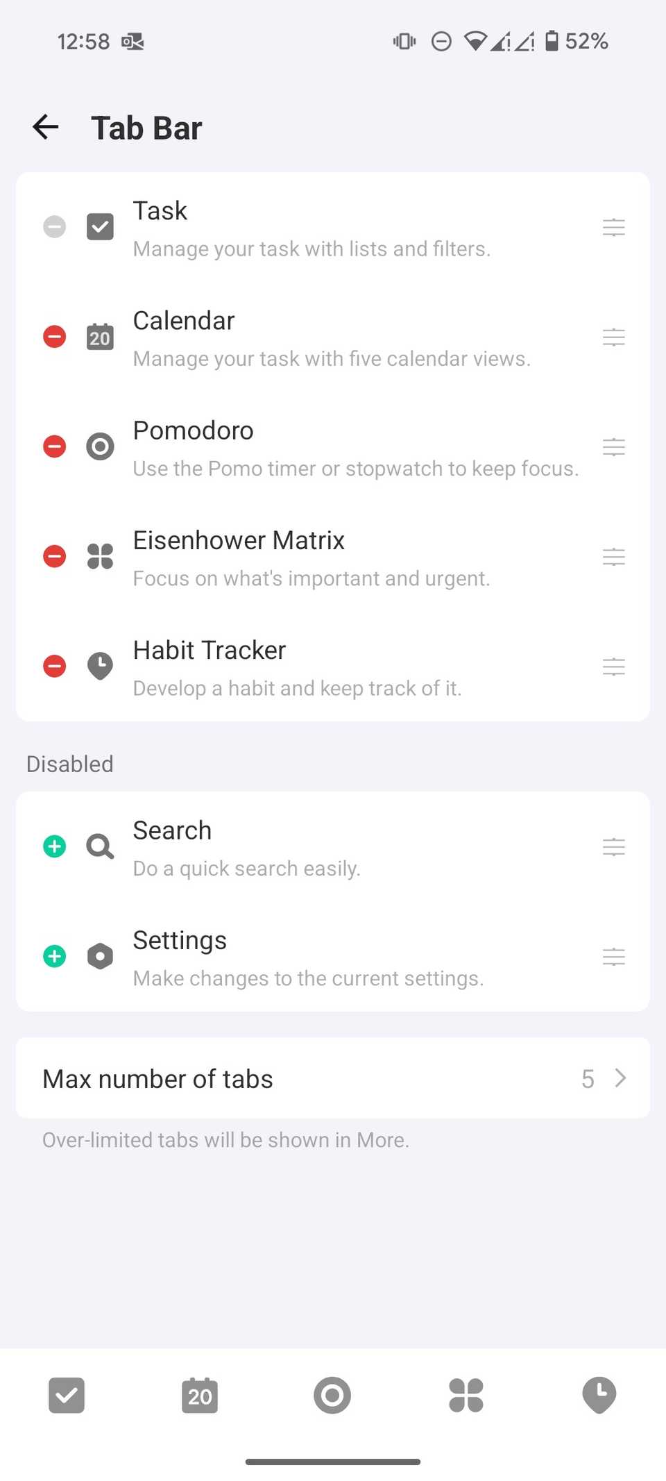 Personalizza la barra inferiore in TickTick