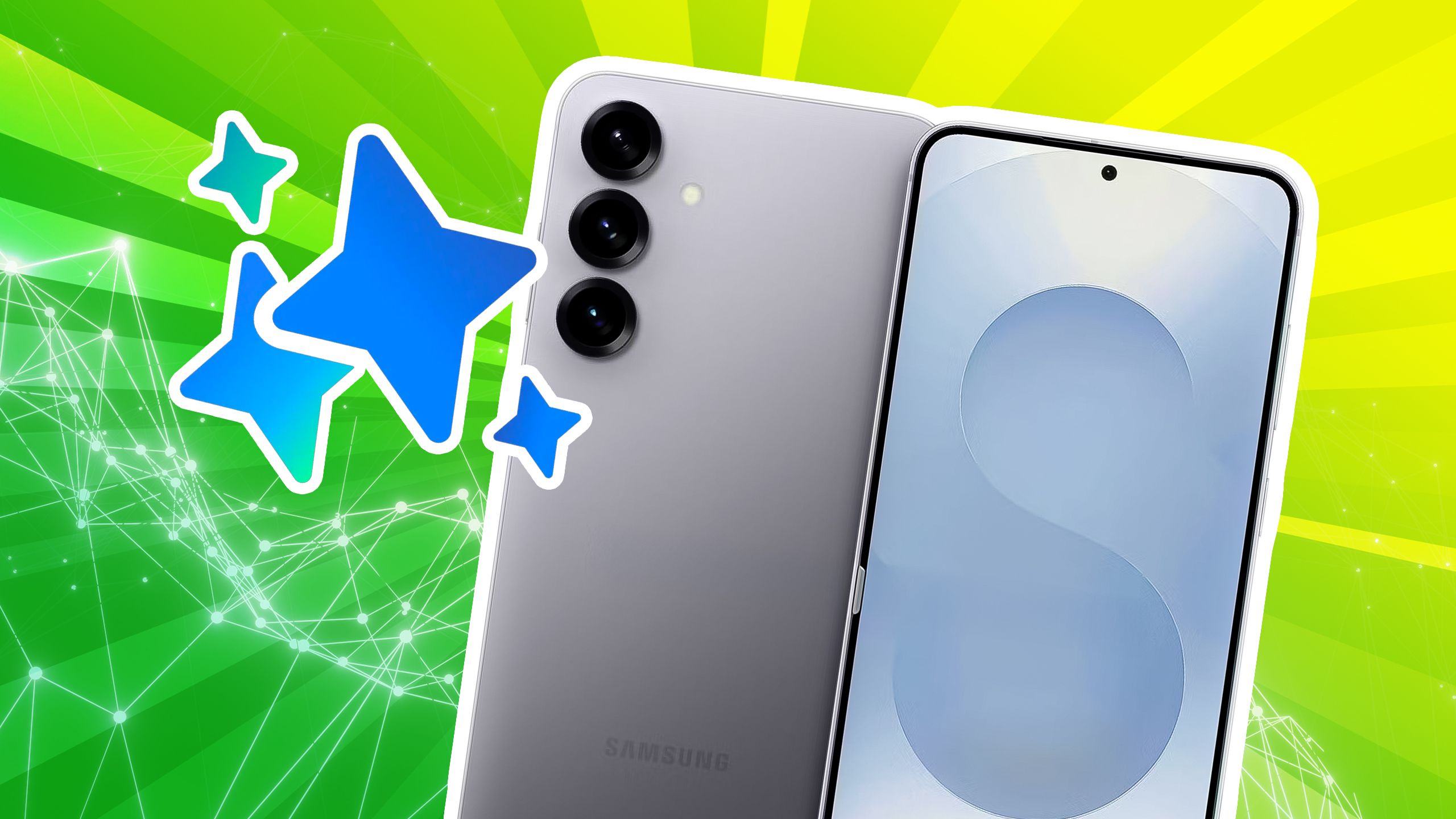 Logo Gemini accanto ai telefoni Galaxy su uno sfondo verde