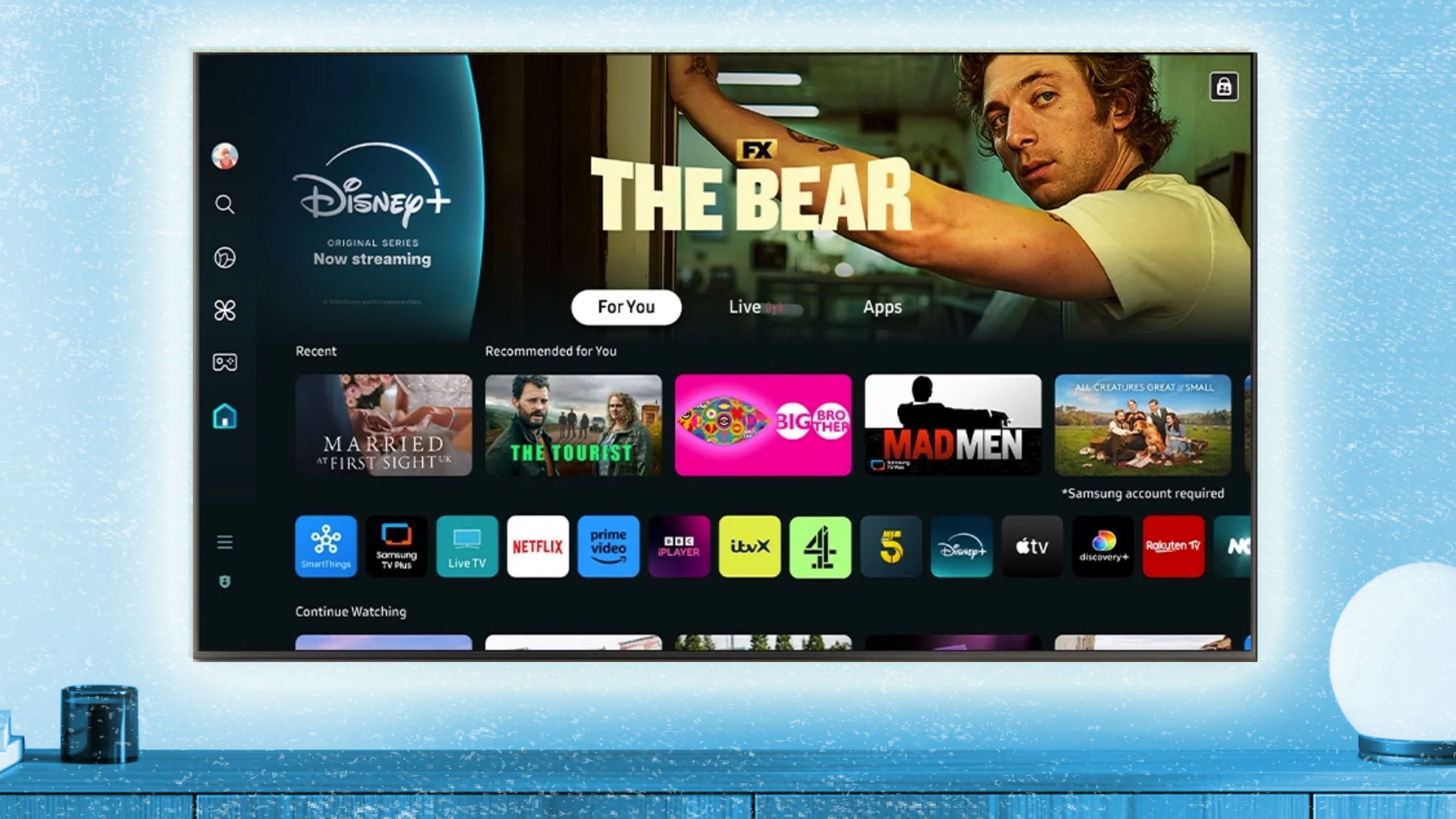 Samsung smart TV main interface highlighted over a blue-white background