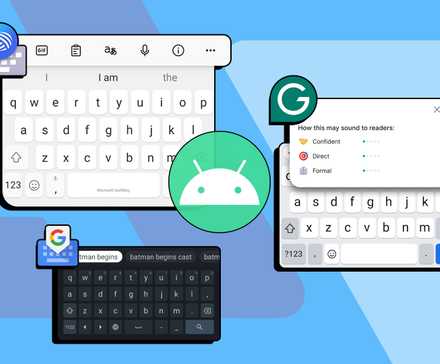 Alguns layouts de teclado para Android e o logotipo do Android no centro.