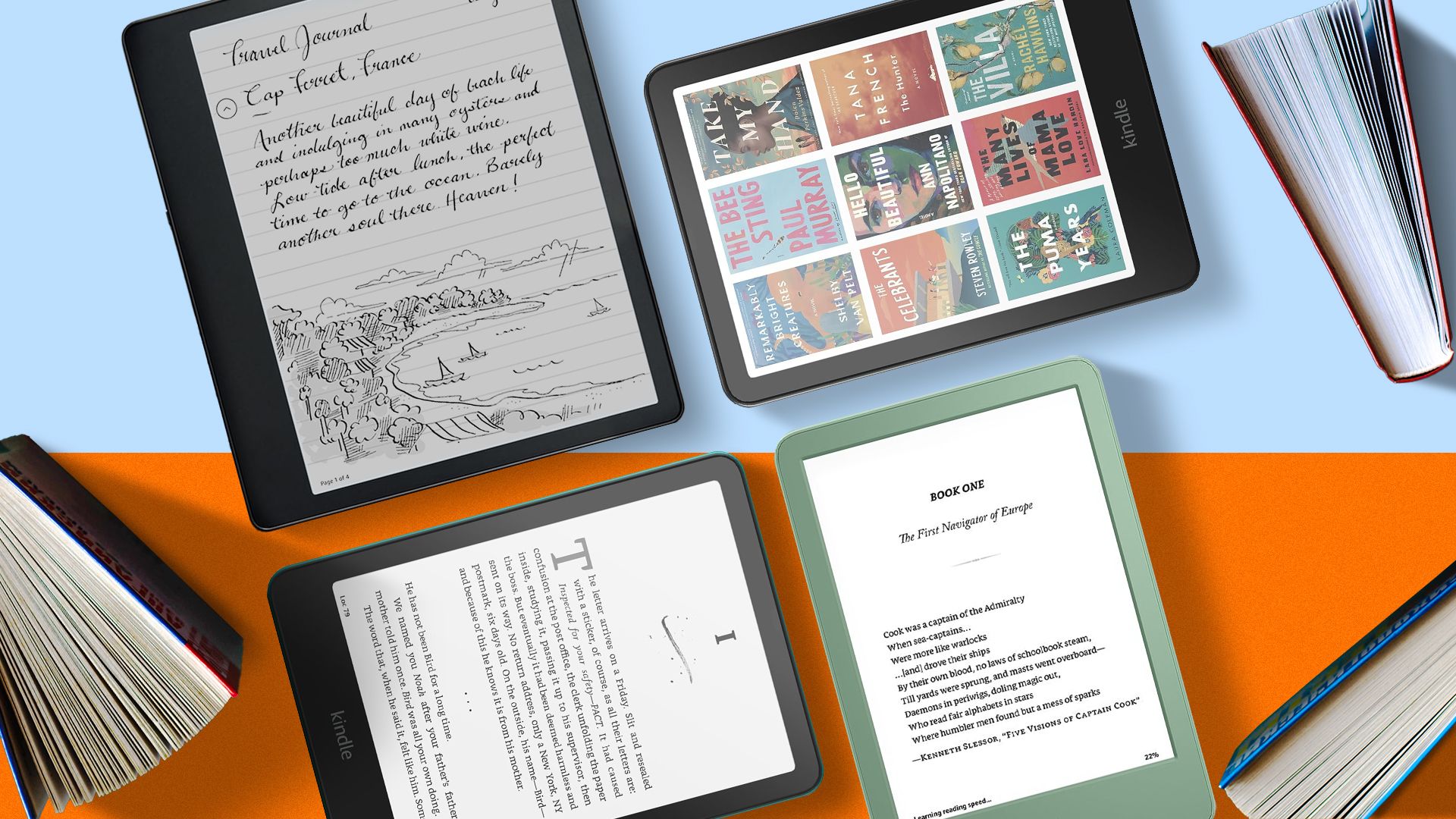 Some Kindles side by side and some books next to them.