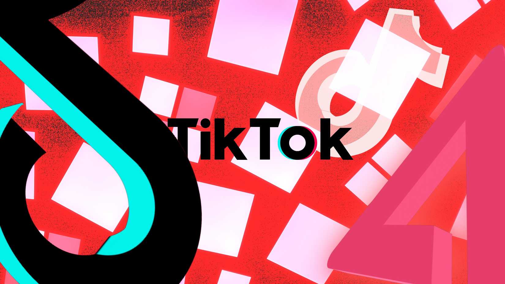 Texto do TikTok sobre um fundo estampado vermelho e rosa com o logotipo cruzando o texto