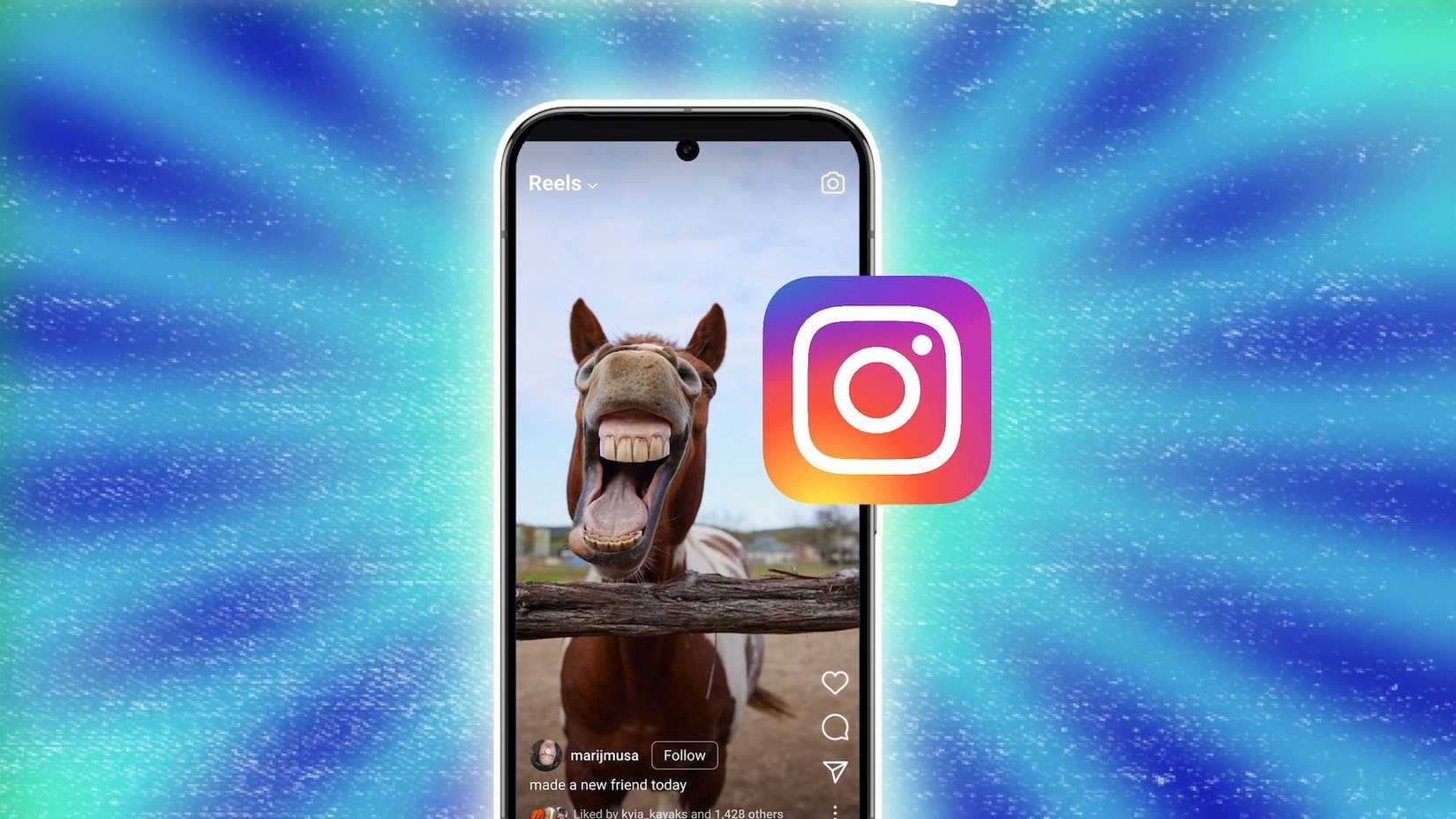Instagram logo beside phone mockup displaying funny video of swimming horse