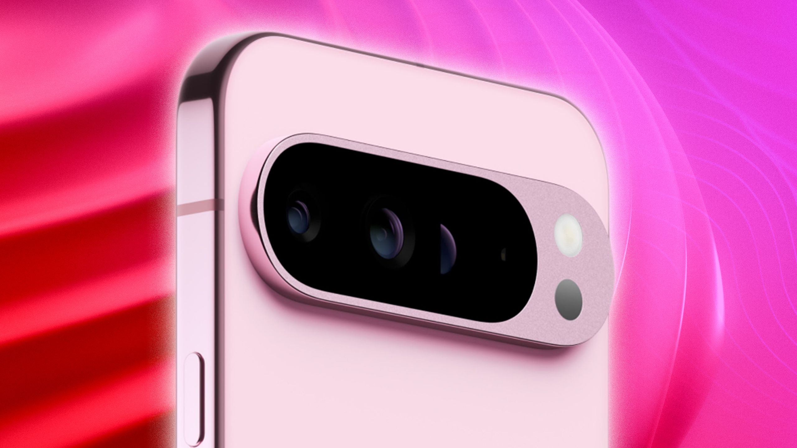 A pink Google Pixel 9 Pro on a colored backdrop focused on the camera.