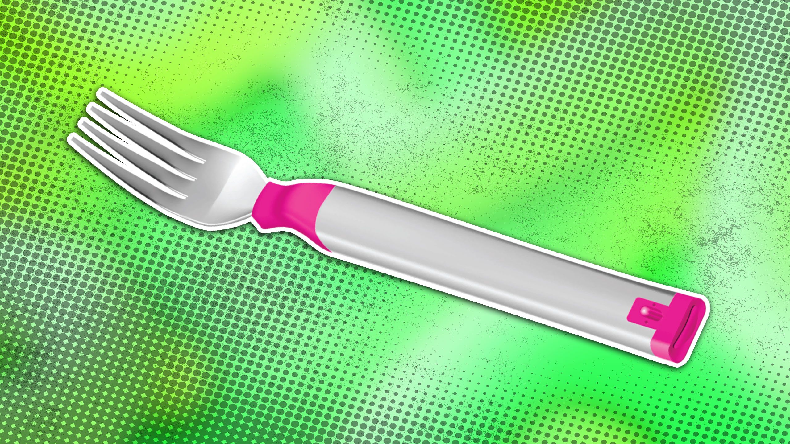 A digital fork with a silver and pink design against a green dotted background