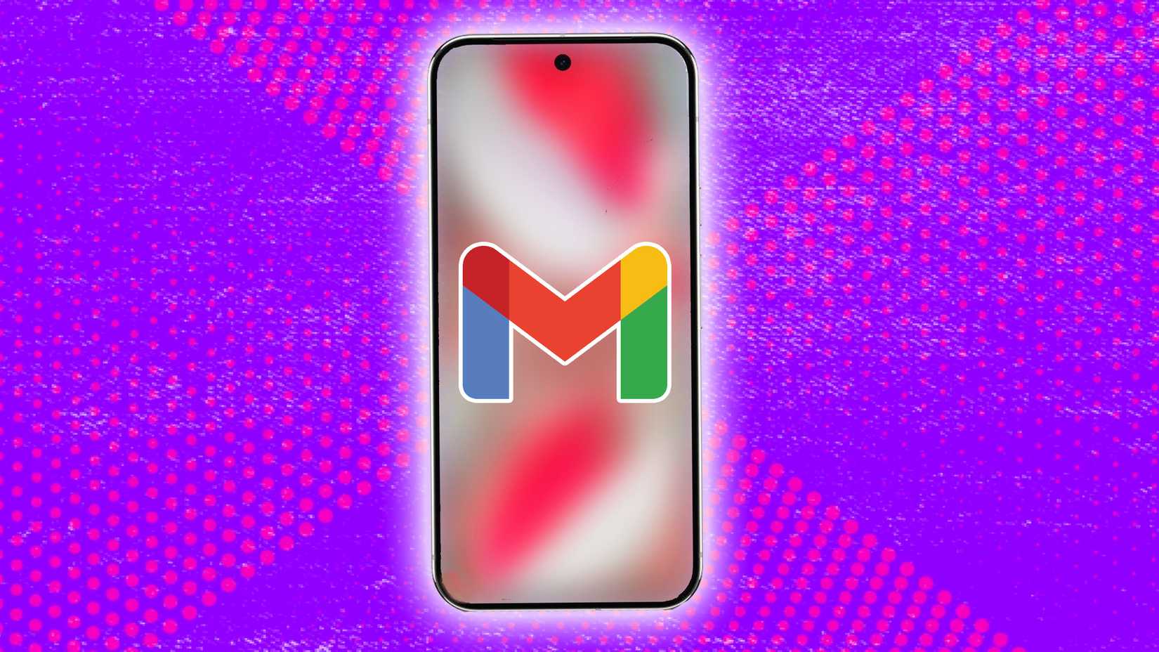 A phone on a purple textured background displaying the Gmail logo