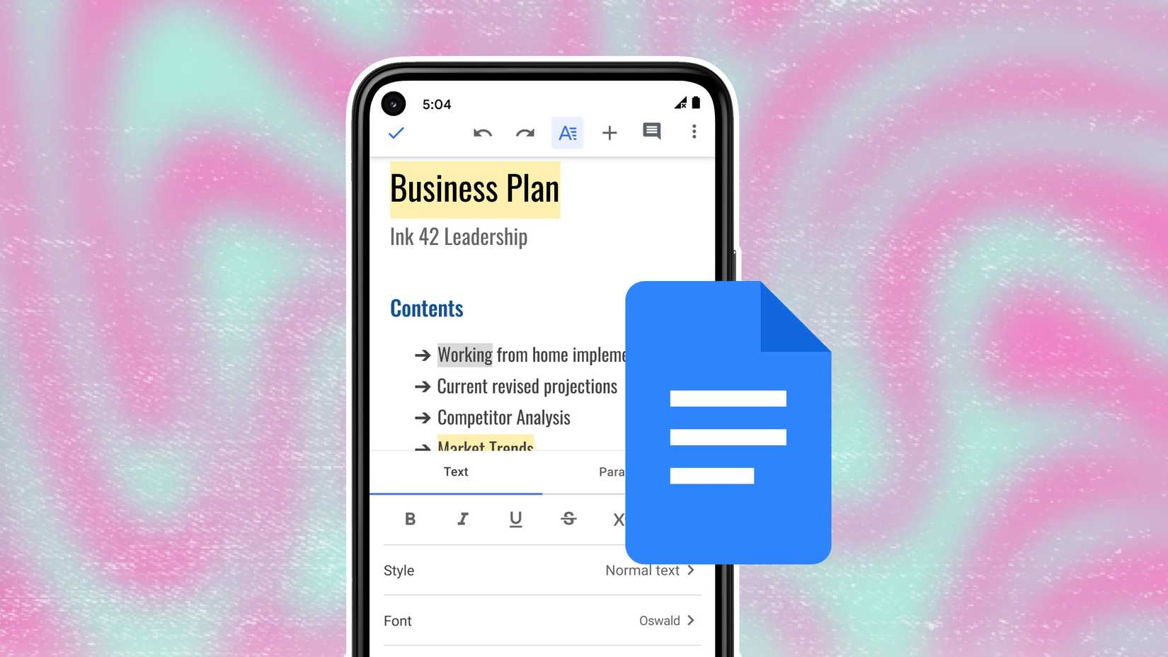 A Google Docs template open on a phone with the Google Docs logo overlayed on top and a green and purple wavy background