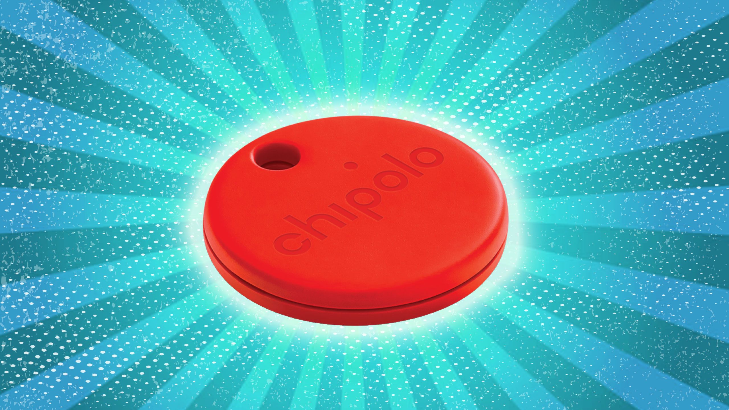 Un tracker Bluetooth Chipolo rosso su sfondo blu stilizzato