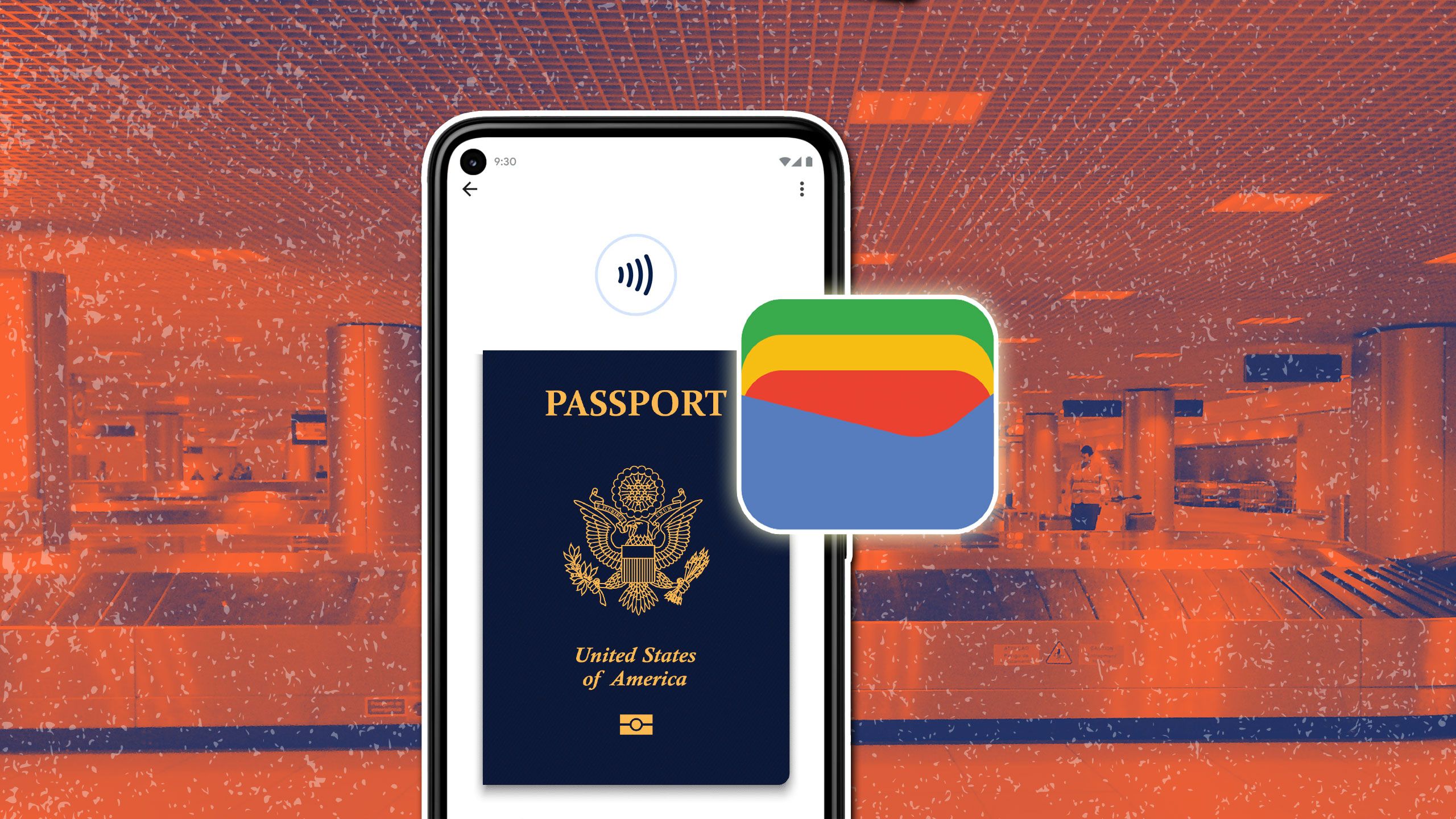 A phone with a US passport being used in Google Wallet with the Google Wallet logo overlayed on top with a picture of TSA security at an airport in the background