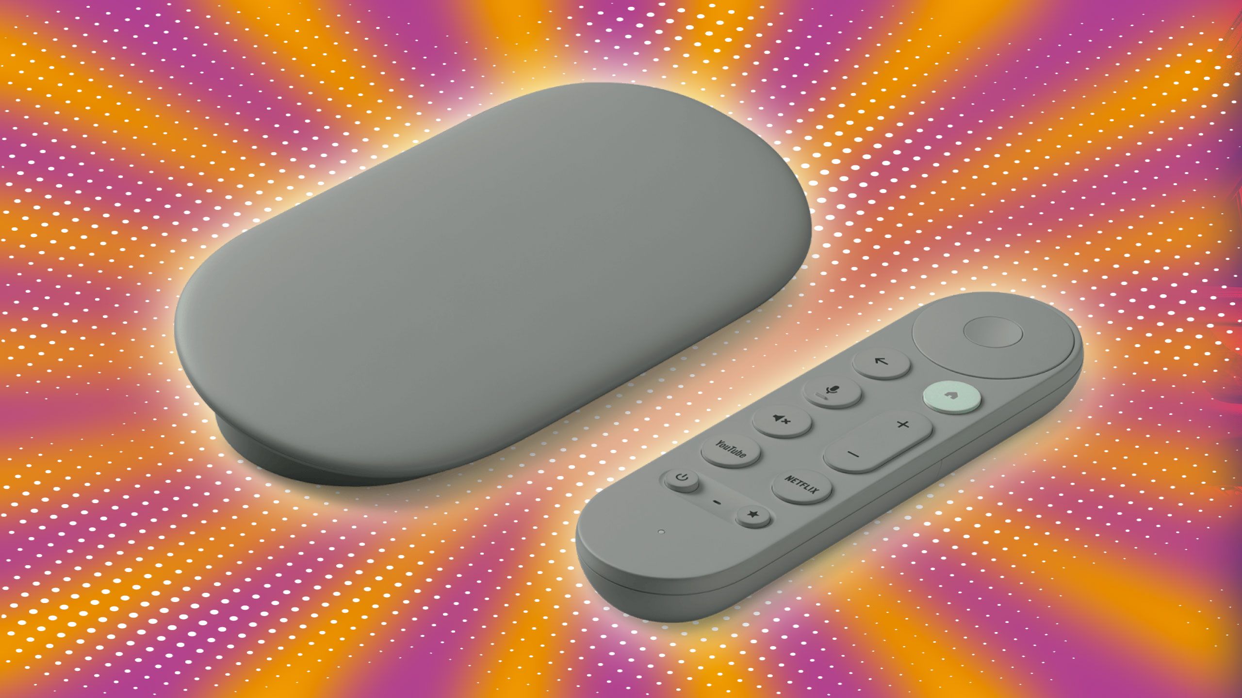 Dispositivo Google TV Streamer com o controle remoto em um fundo multicolorido
