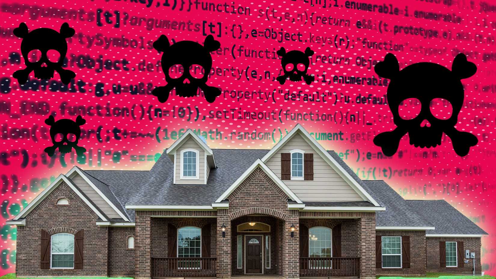 A suburban brick house in the foreground with black skull-and-crossbones icons over red code in the background