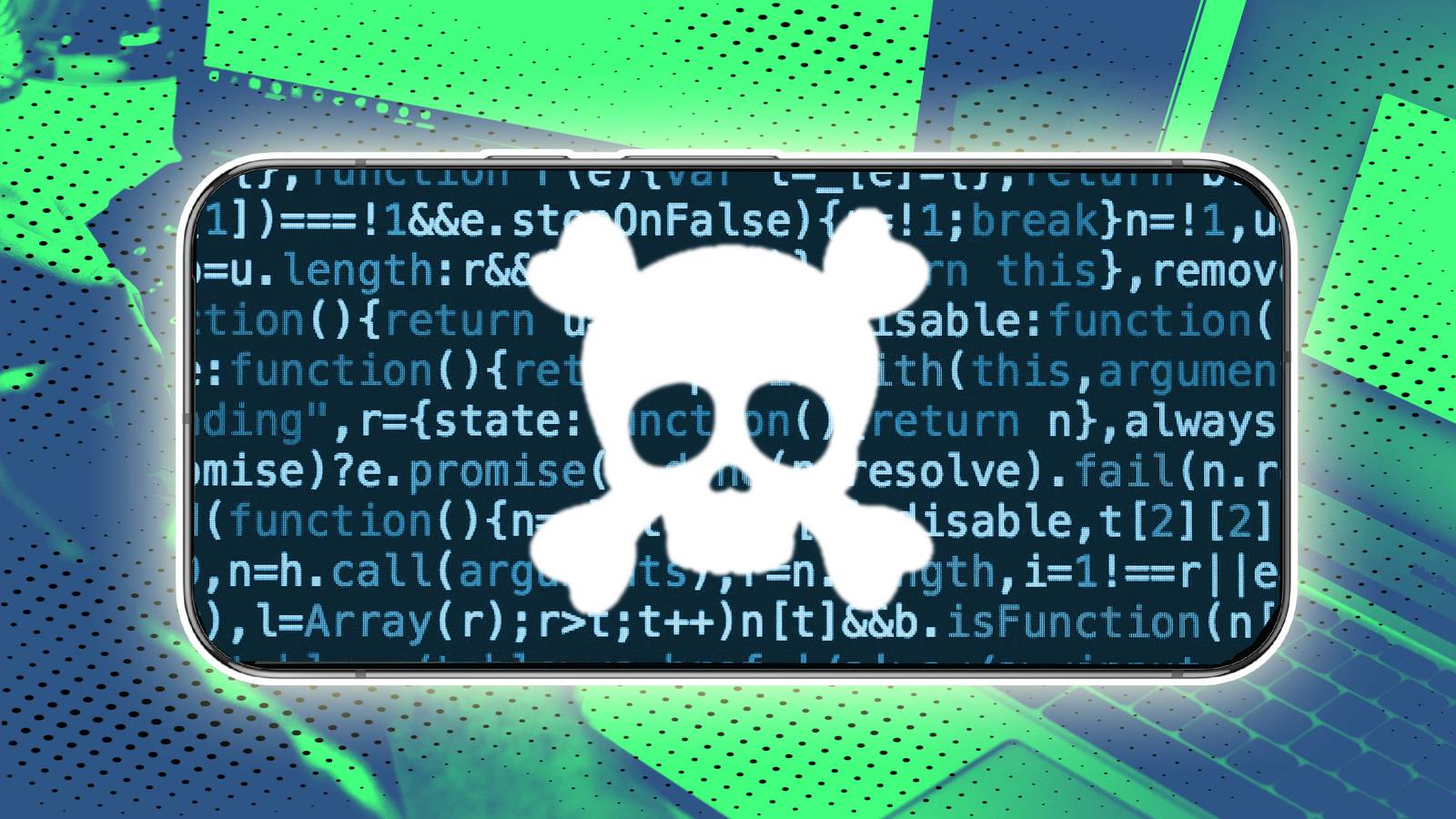 A smartphone with a skull and crossbones image on top of code, on a stylized blue and green background.
