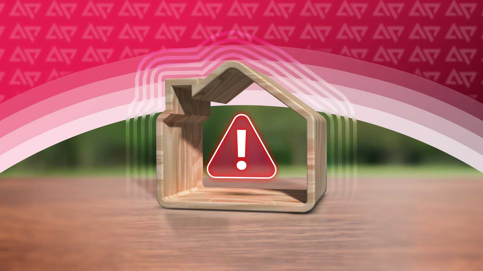 Uma casa 3D representando uma casa inteligente com uma placa de alerta em seu interior.