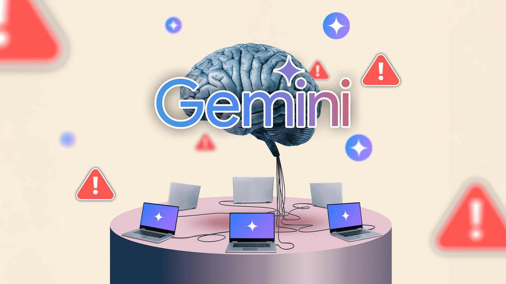 A brain connected to some laptops, the Gemini logo in the center, and some warning signs around.