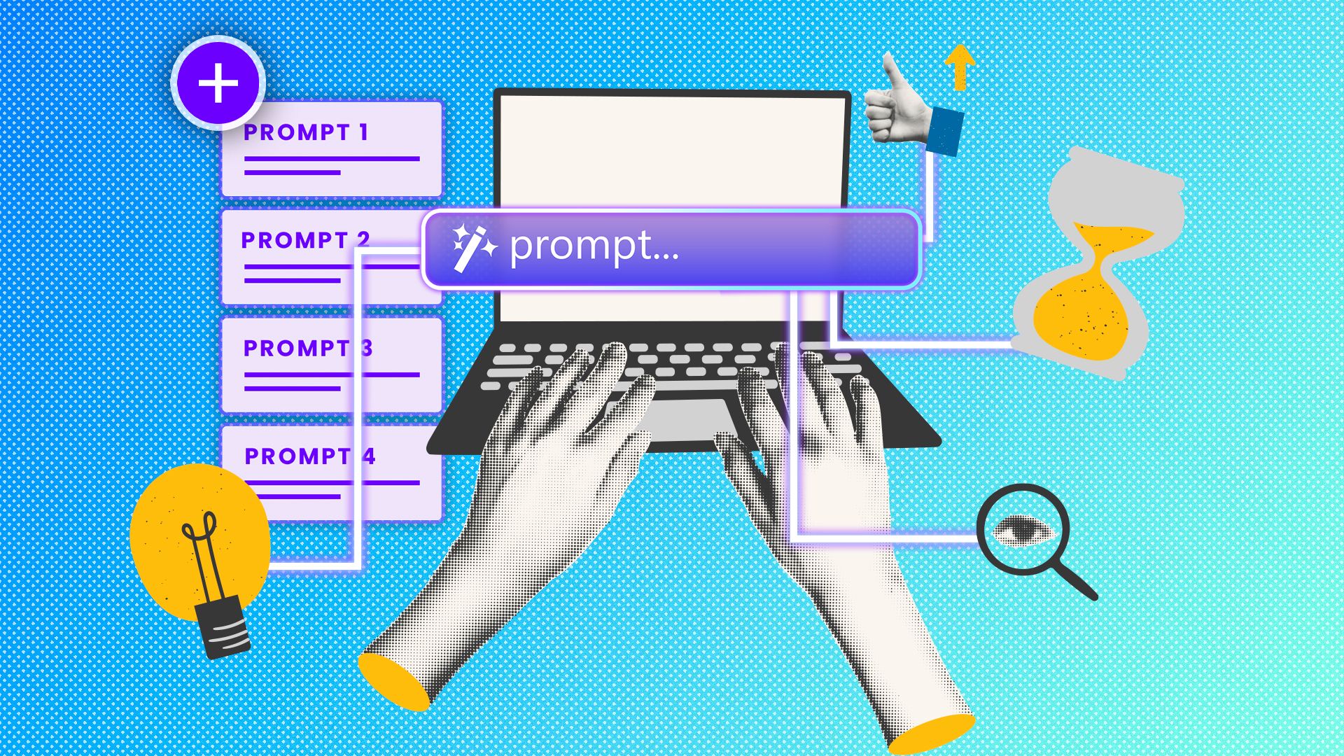 Un collage di una persona che utilizza un laptop, con un campo di input rapido al centro e alcune icone relative alla produttività ad esso collegate.