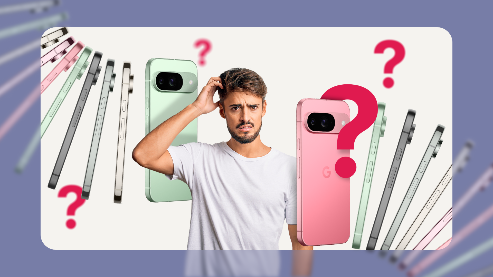Un homme confus avec plusieurs téléphones Google Pixel à côté de lui et des points d'interrogation autour de lui.