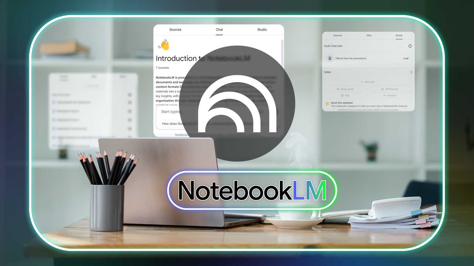 A desk with a laptop and other office items, with the NotebookLM logo in the center.