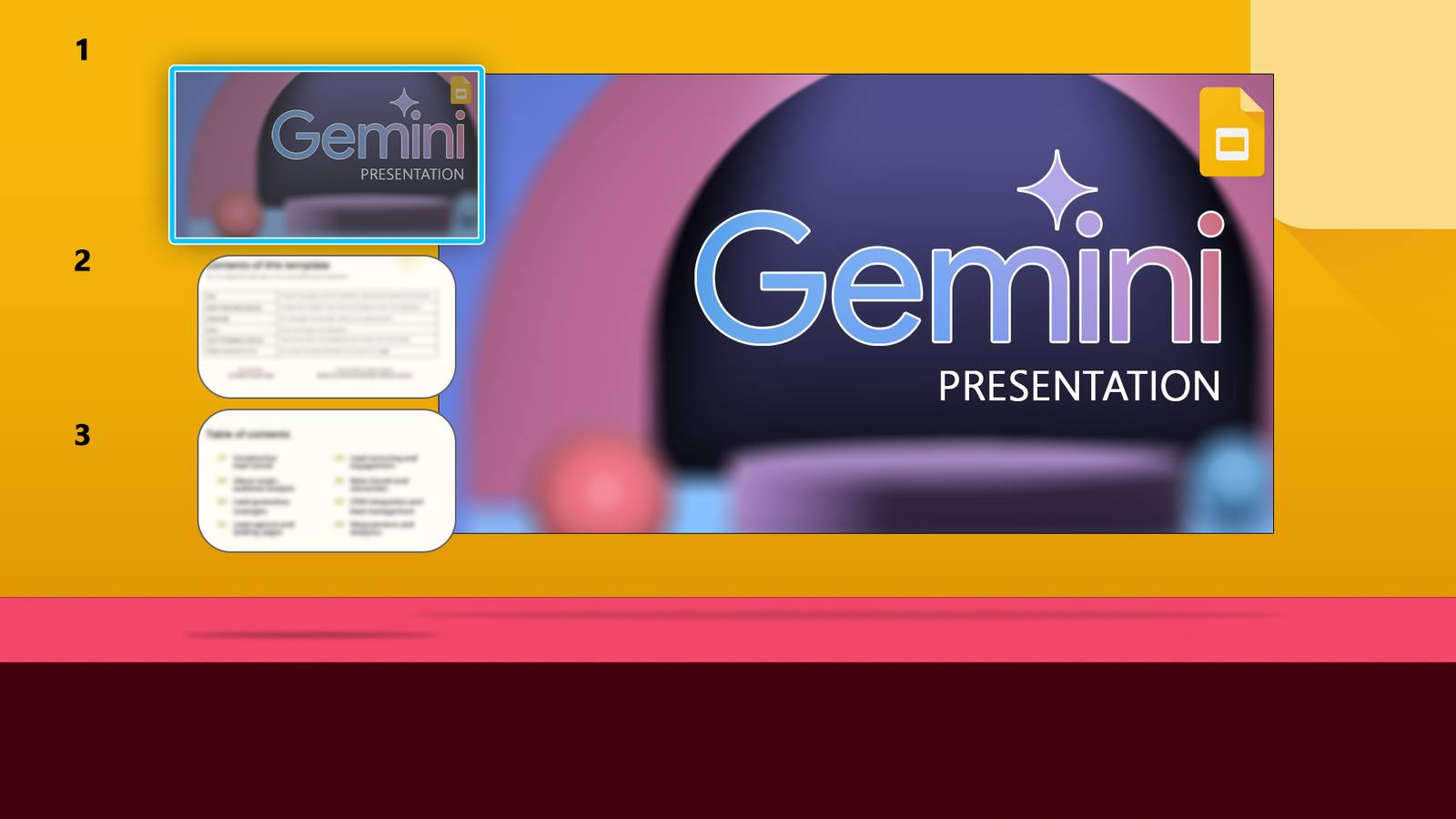 A presentation slide features the title "Gemini" with colorful text, accompanied by icons indicating AI-generated content, and includes blurred text boxes suggesting documentation