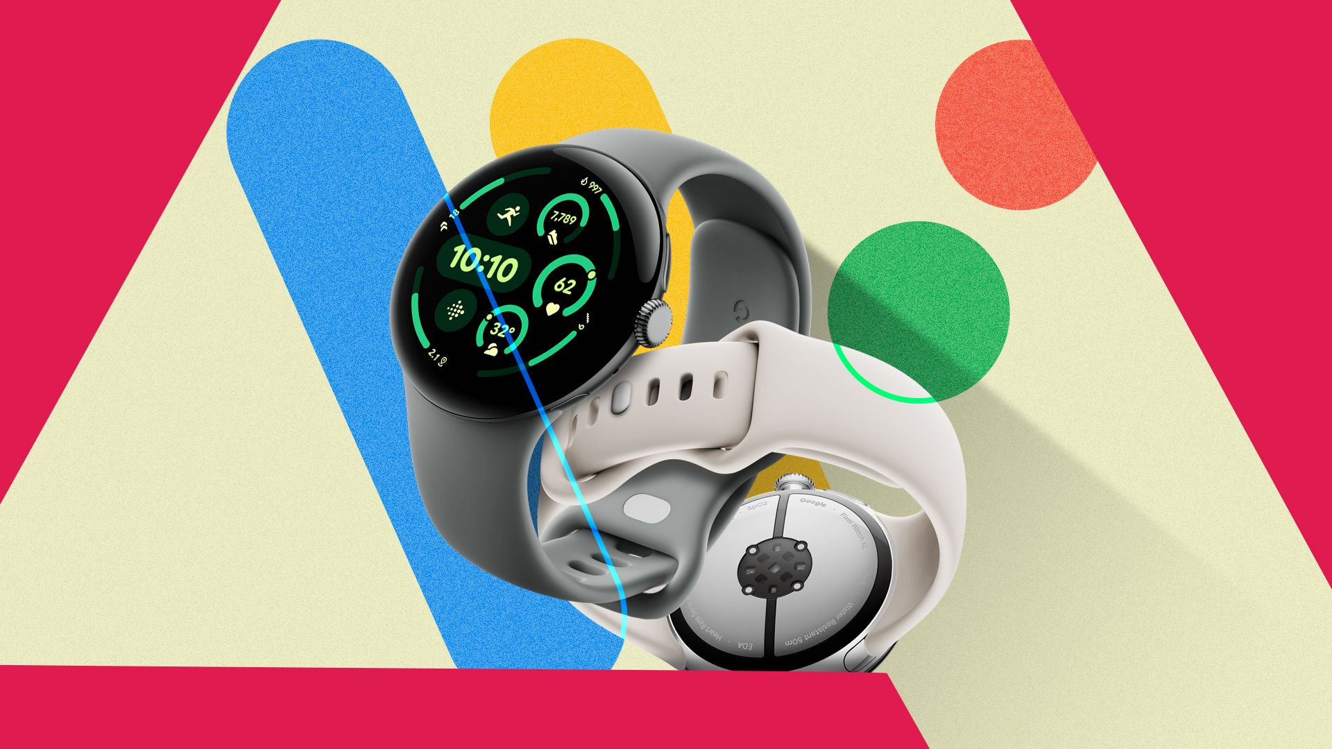 Un Google Pixel Watch 3 e il logo Wear OS sullo sfondo.