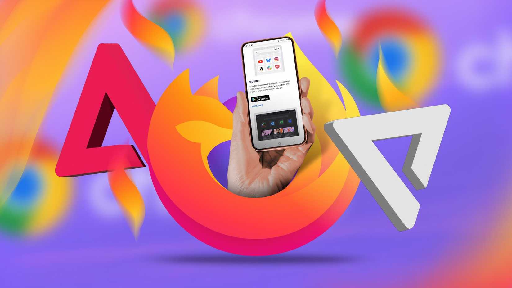 A hand emerging from the Firefox logo holding a phone, with the Chrome logo blurred in the background.