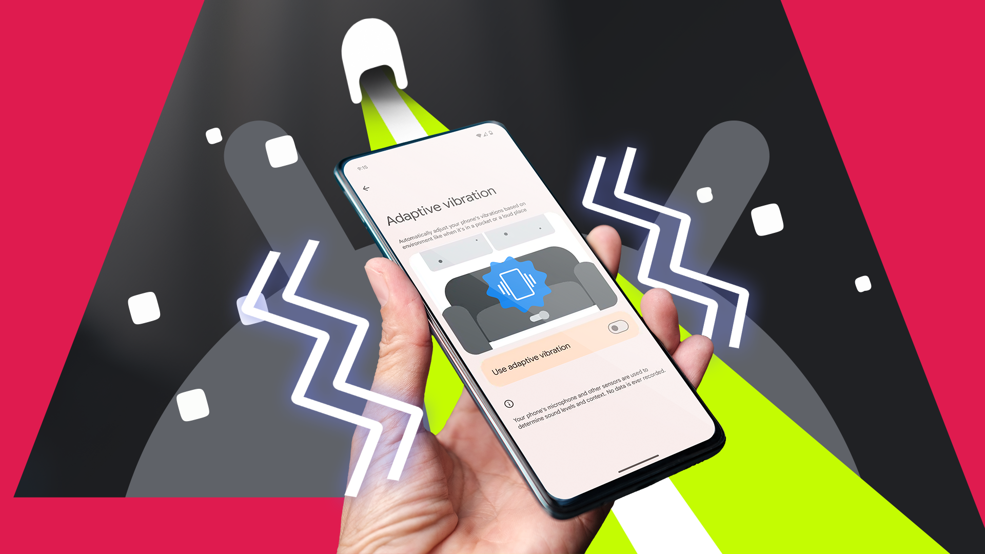 A hand holding a phone vibrating on the adaptive vibration screen, and the Android 15 theme image in the background.