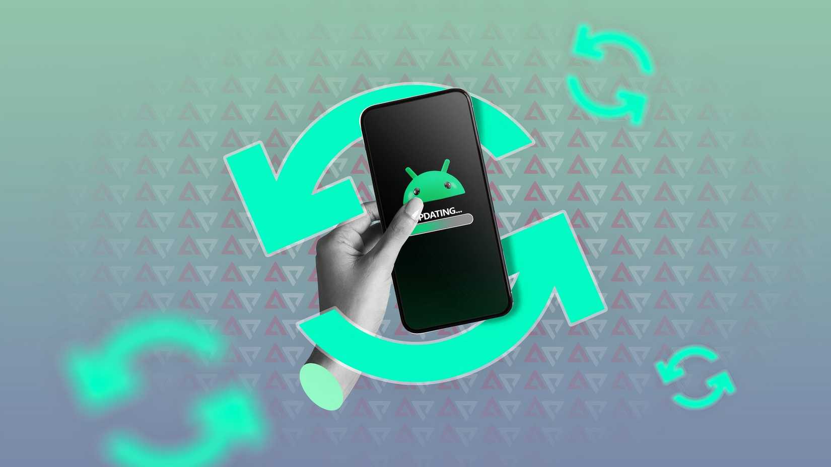 Uma mão segurando um telefone com o sistema operacional Android sendo atualizado.