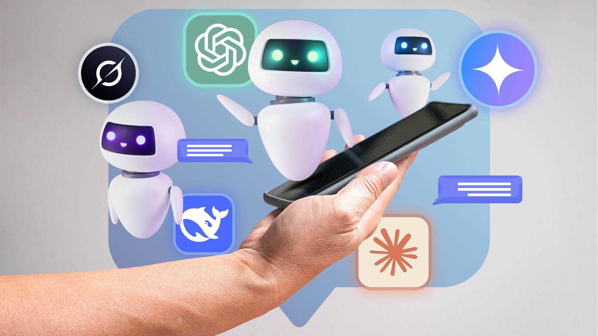 Una mano che regge uno smartphone circondata da robot e loghi di chatbot basati sull’intelligenza artificiale.