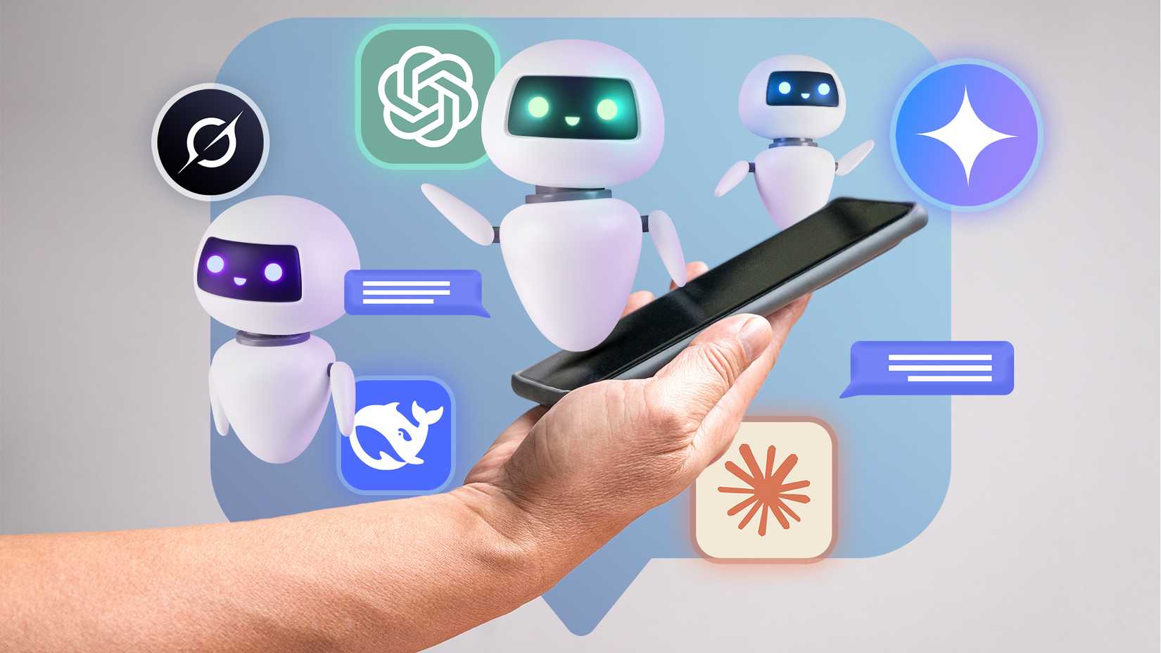 Uma mão segurando um smartphone com robôs ao redor e logotipos de chatbot de IA.