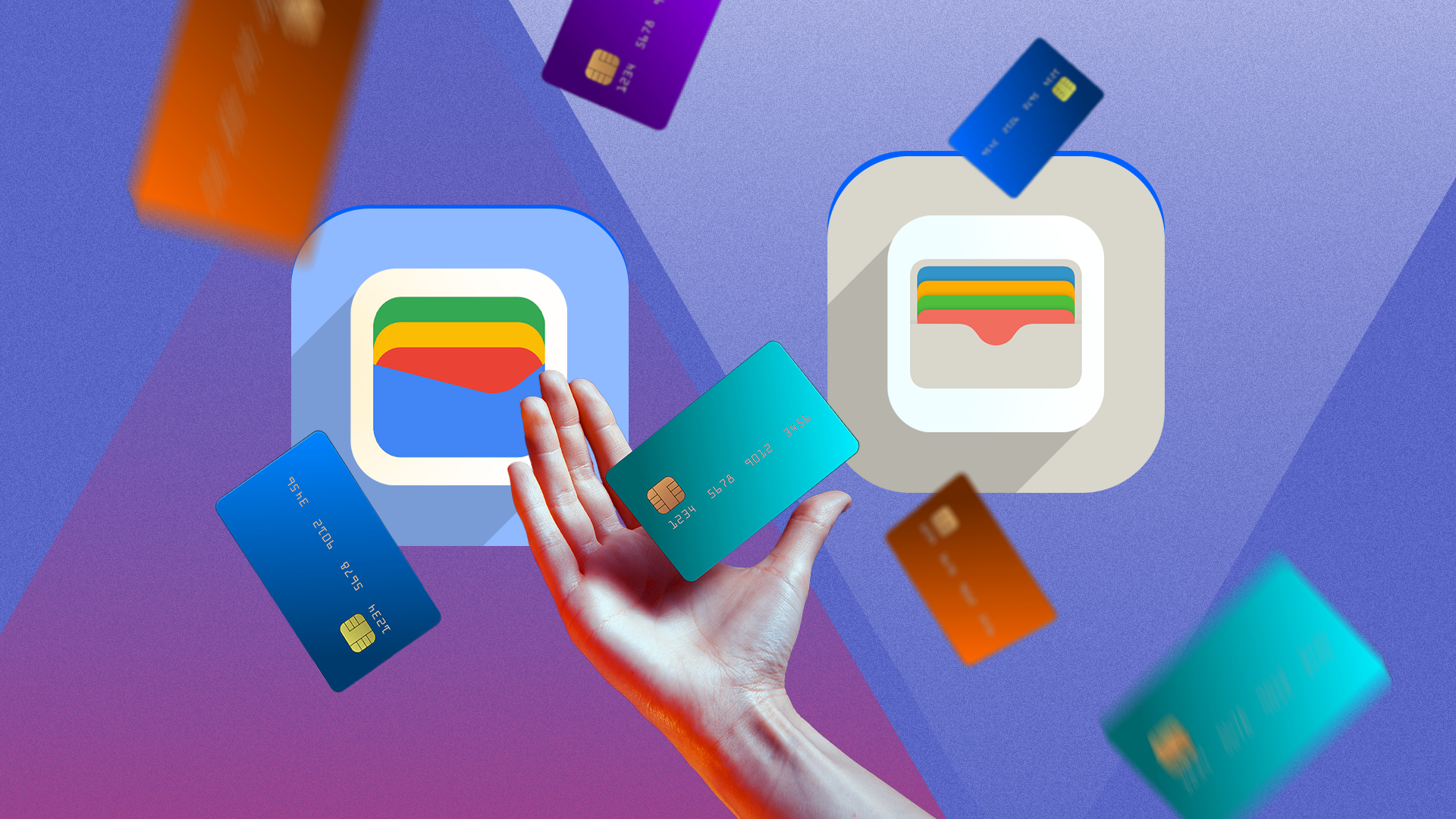 A hand with a credit card hovering above it, with the Google Wallet and Apple Wallet logos in the background and several cards around
