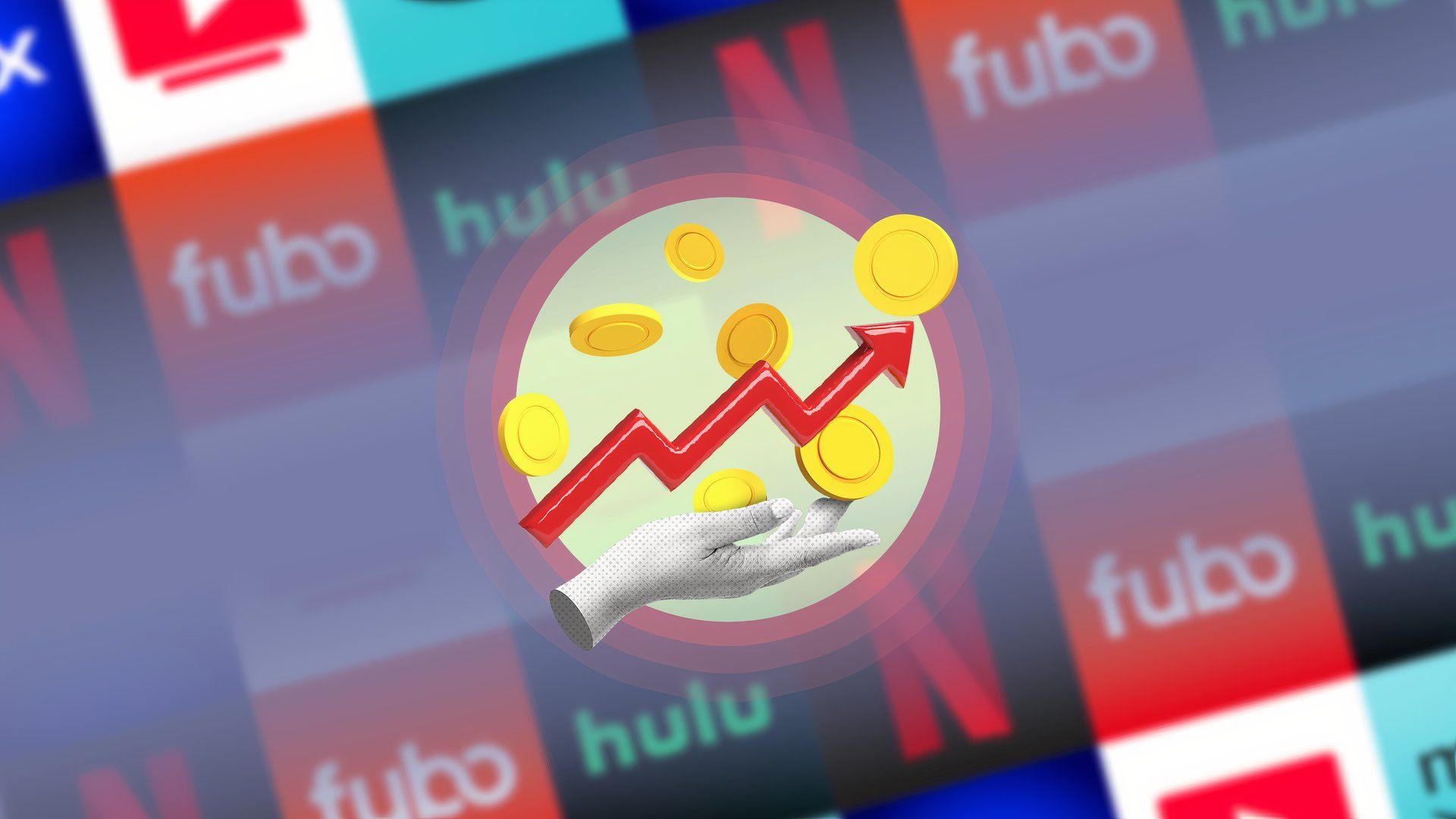 A hand with an upward-pointing arrow, some coins, and several streaming service logos in the background.
