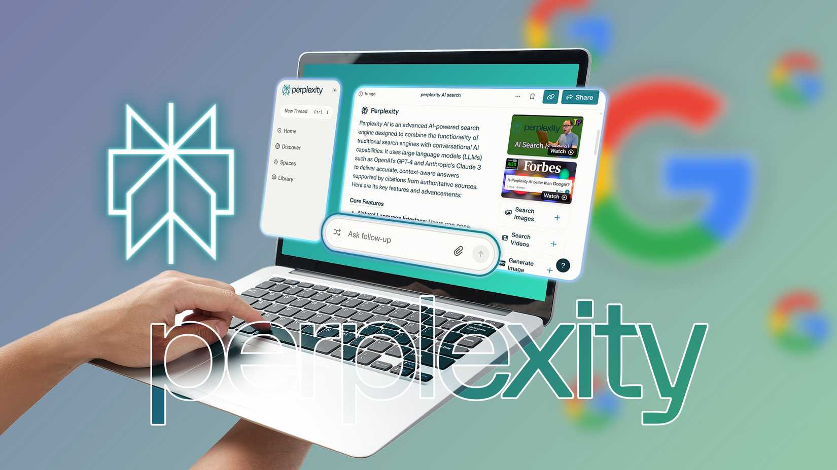 A laptop with Perplexity AI open and several Google logos blurred in the background.