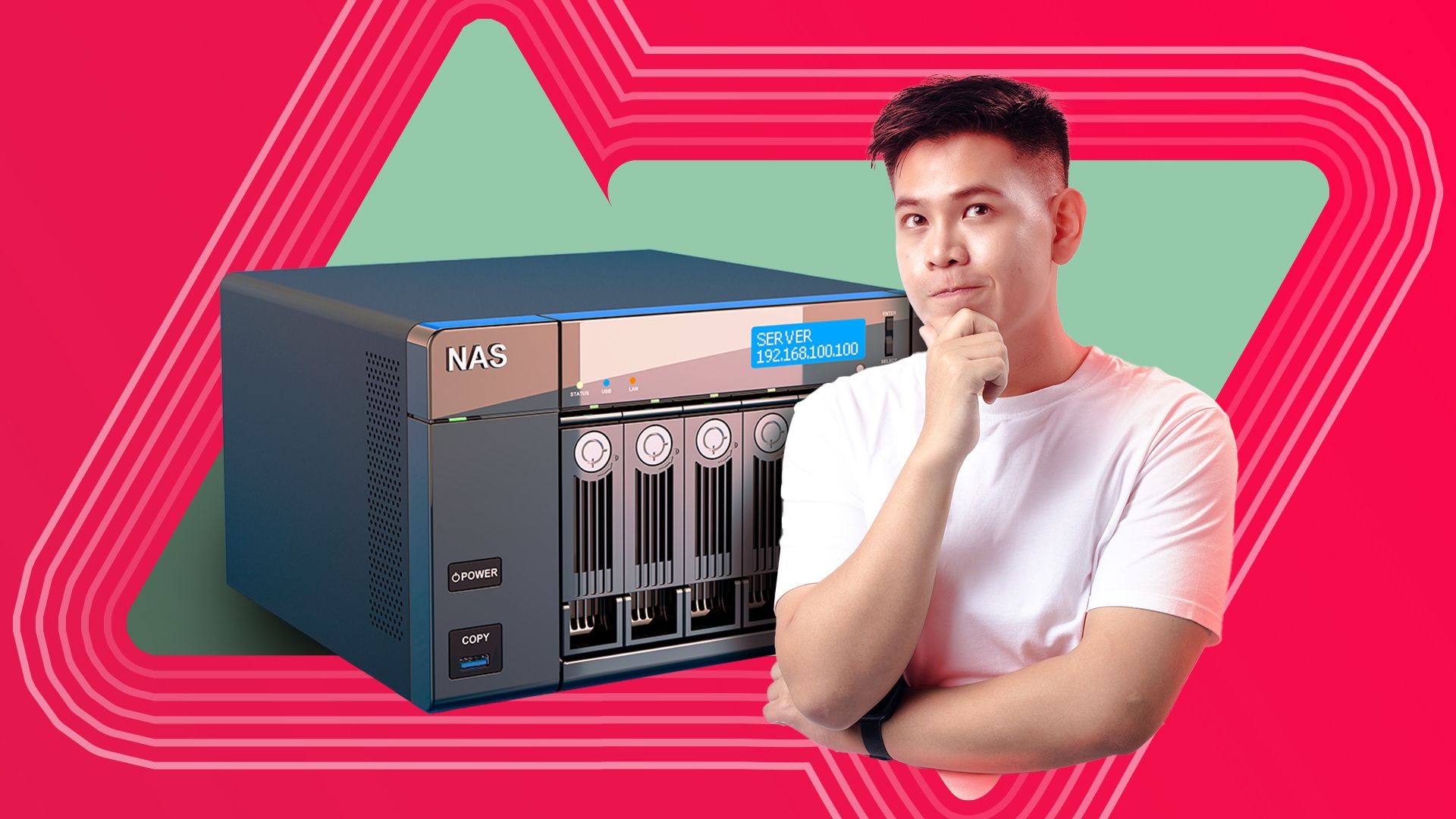A NAS server and a man thinking beside it.