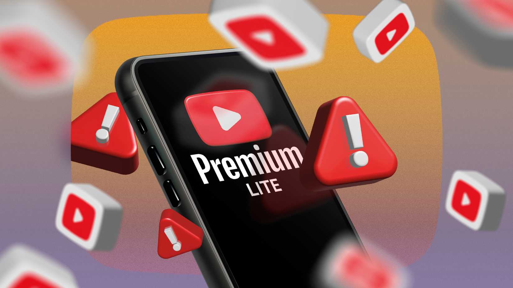 A phone displaying the YouTube Premium Lite logo on the screen, surrounded by warning signs and YouTube icons.
