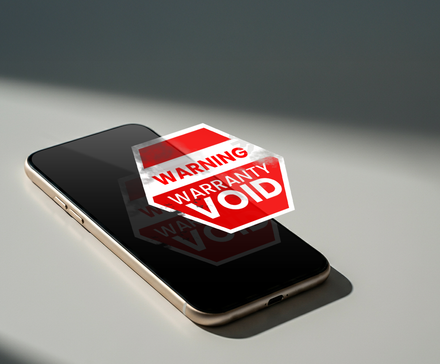 A smartphone on a surface with an alert hovering over the screen saying 'warranty void'.