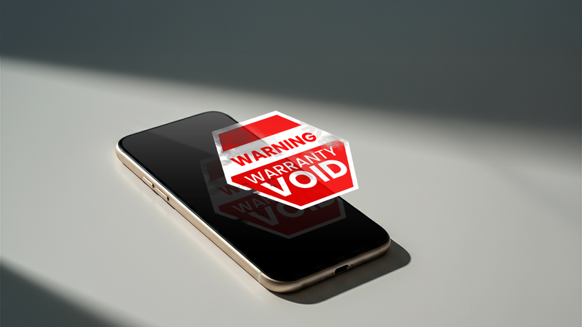 A smartphone on a surface with an alert hovering over the screen saying 'warranty void'.